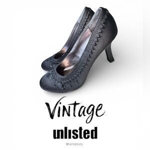 Vintage Unlisted Black Satin Embellished Round Toe Heels Size 7 Women’s Y2K